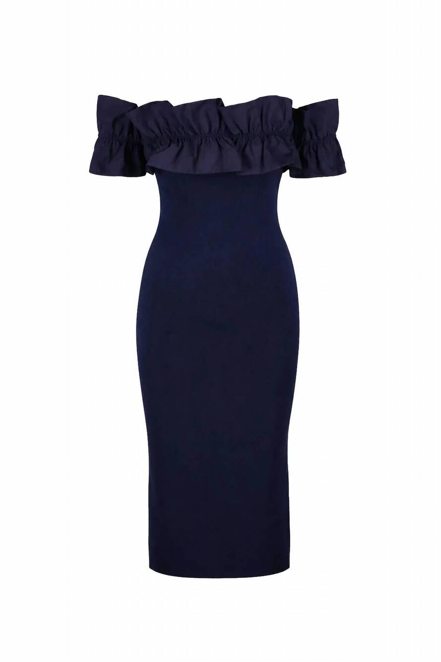 NEW ESSENTIEL ANTWERP women's joynomi knit midi dress in navy blue
